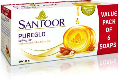 Latest Deal On santoor Pureglo almond oil and glycerine bathing bar (6 x 125 g) - Dealsified