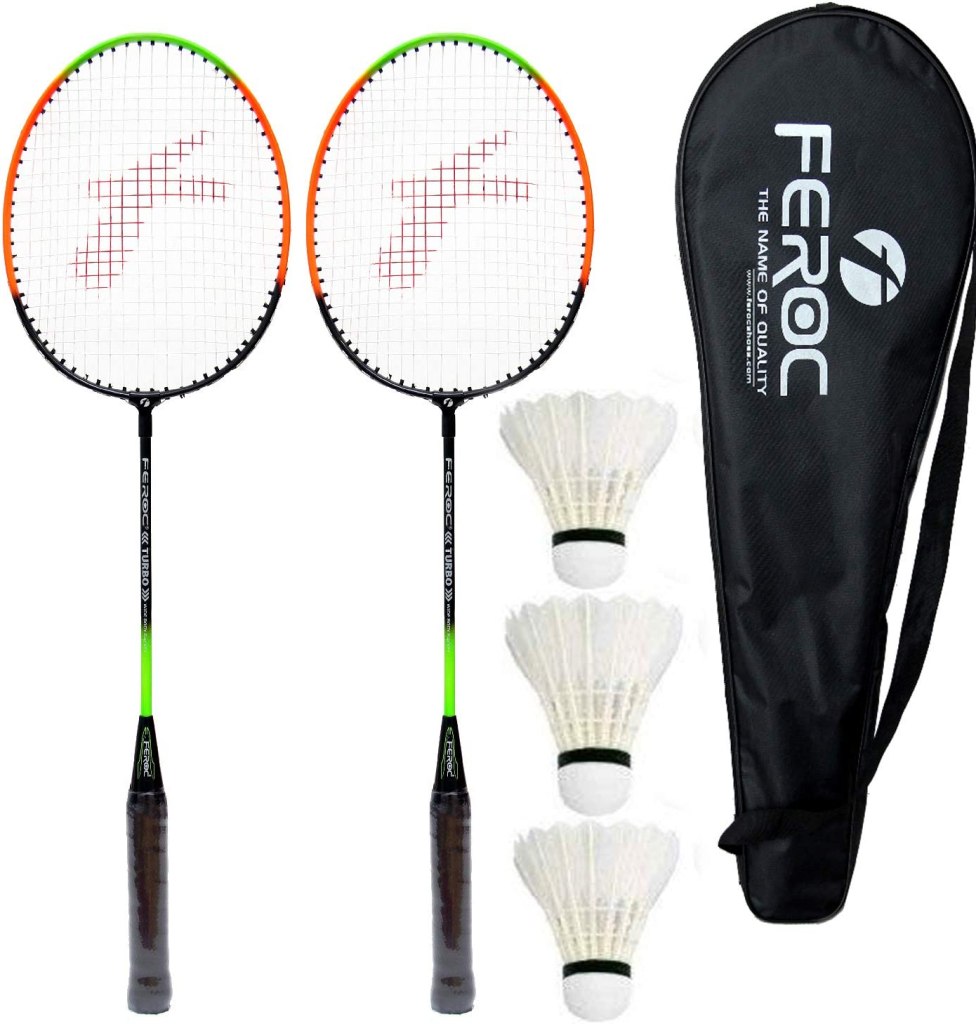 Latest Deal On Feroc Aluminium Badminton-Racket, Set of 2 with Feather Shuttles, 3 Pieces with Full-Cover - Dealsified