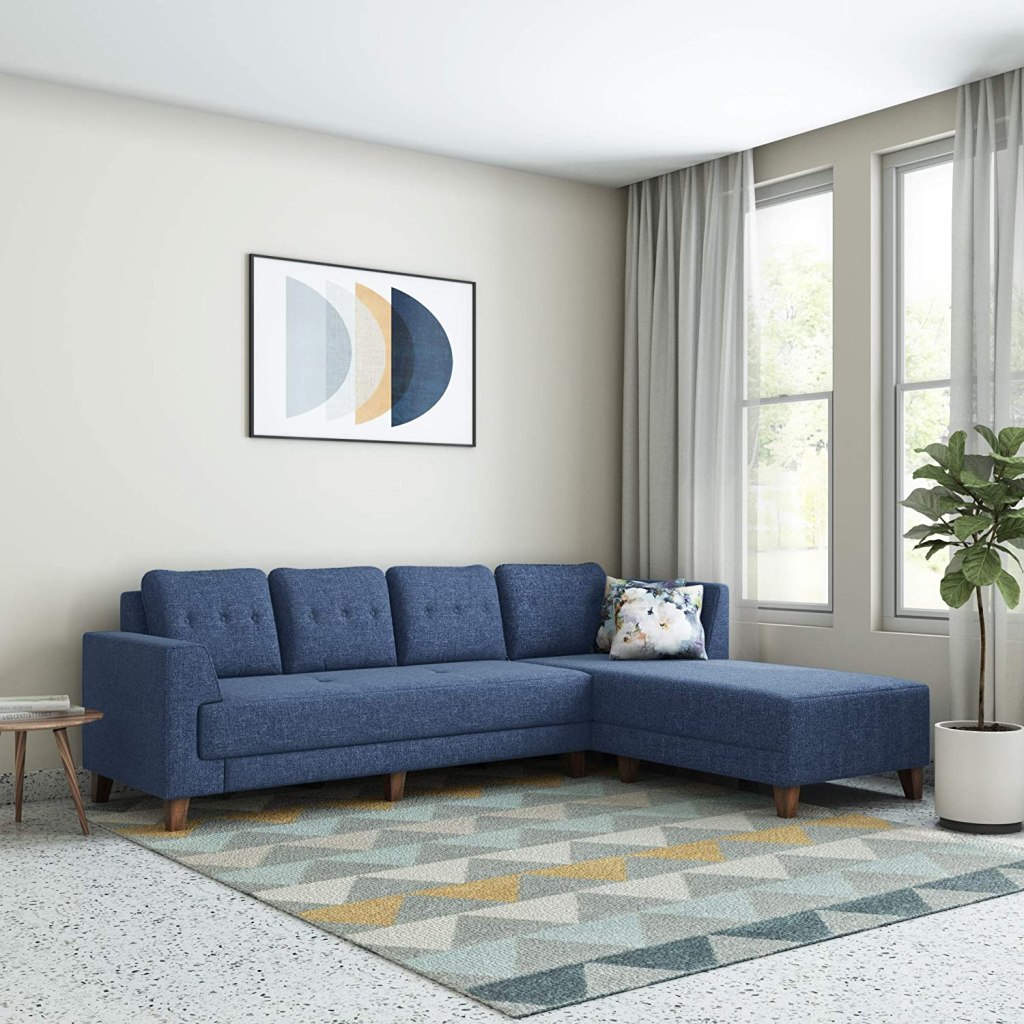 Amazon Brand - Solimo Alen 6 Seater Fabric RHS L Shape Sofa Set (Blue) Latest Deal On Amazon Brand - Solimo Alen 6 Seater Fabric RHS L Shape Sofa Set (Blue) - Dealsified