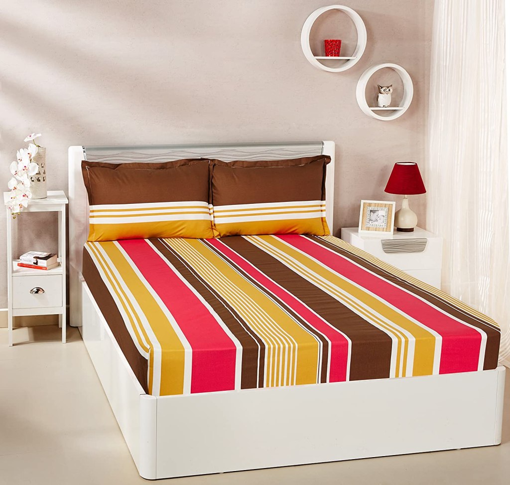 Latest Deal On Amazon Brand - Solimo Vivid Stripes 144 TC 100% Cotton Double Bedsheet with 2 Pillow Covers - Dealsified