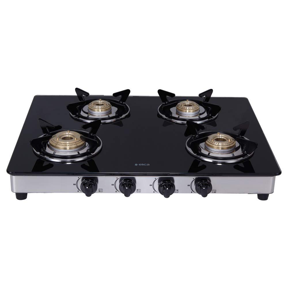 Latest Deal On Elica Vetro Glass Top 4 Burner Gas Stove with Double Drip Tray - Dealsified