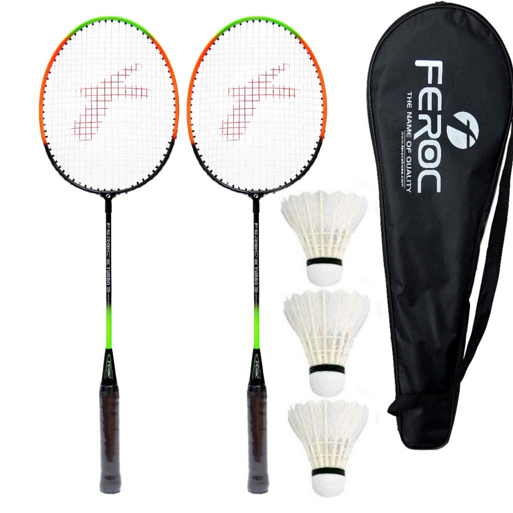 Latest Deal On Feroc Aluminium Badminton-Racket, Set of 2 with Feather Shuttles, 3 Pieces with Full-Cover - Dealsified