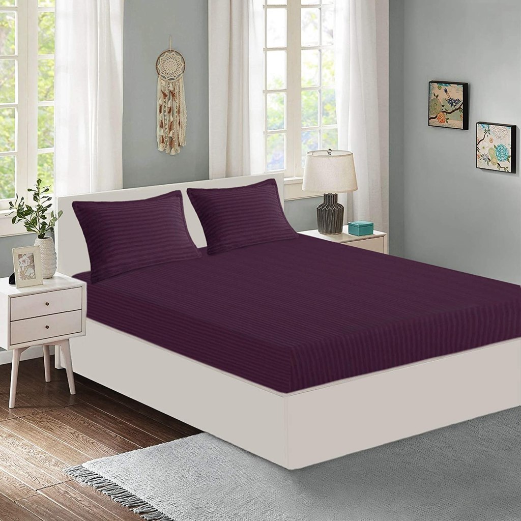 Latest Deal On Queenzliving Elegant Sateen Stripes 300 TC Cotton King Size Bedsheet with 2 Pillow Covers - Dealsified