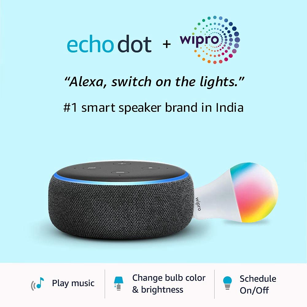 Latest Deal On Echo Dot (3rd Gen, Black) + Wipro 9W LED Smart Color Bulb combo - Dealsified