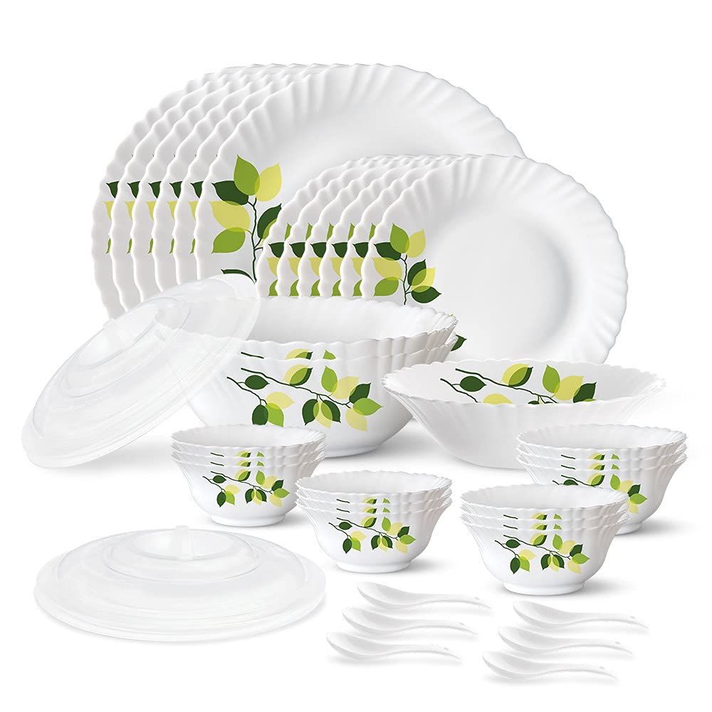 Larah by Borosil Green Leaves Silk Series Opalware Dinner Set, 35 Pieces Latest Deal On Larah by Borosil Green Leaves Silk Series Opalware Dinner Set, 35 Pieces - Dealsified