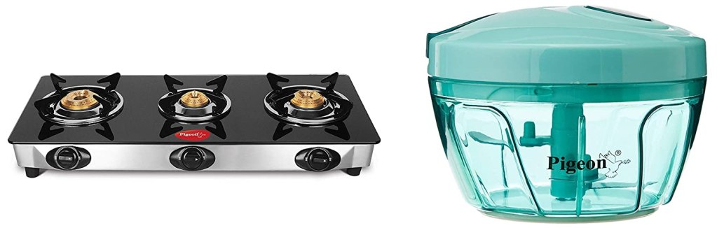 Latest Deal On Pigeon Favourite 3 Burner Black Line Cook Top Gas Stove, Stainless Steel with Glass Top, Manual, Black + New Handy Plastic Chopper with 3 Blades - Dealsified