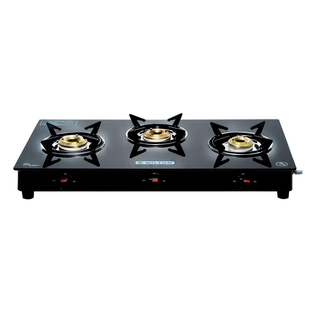 MILTON Premium 3 Burner Black Manual Ignition LPG Glass Top Gas Stove (ISI Certified) Latest Deal On MILTON Premium 3 Burner Black Manual Ignition LPG Glass Top Gas Stove (ISI Certified) - Dealsified