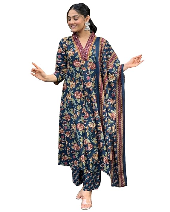 Latest Deal On GoSriKi Women's Rayon Viscose Printed Anarkali Kurta with Palazzo & Dupatta - Dealsified
