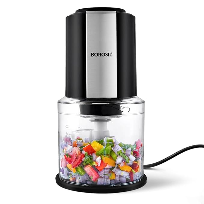 Latest Deal On Borosil Chef Delite 300 Watts Electric Chopper for Kitchen, Twin Blade Technology, 600 ml 'chop-n-store' plastic bowl with lid, Vegetable Chopper, Cutter, Chop, Mince, Dice, Whisk, Blend - Dealsified
