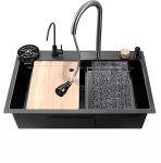 ARQUIN Kitchen Sink 24”x18”x9”Inch Waterfall Kitchen Sink With Integrated Waterfall & Pull-down Faucet 304 Grade Stainless Steel With Anti-Scratch Honeycomb Design Sink for Kitchen Basin