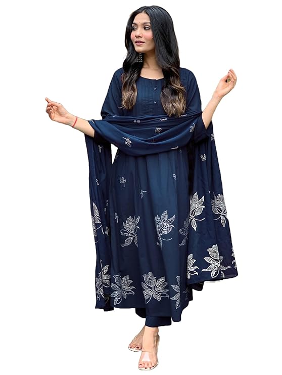 Latest Deal On GoSriKi Women's Rayon Blend Anarkali Printed Kurta with Pant & Dupatta - Dealsified