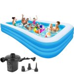 10 Feet Rectangular Inflatable Pool with Electric Pump Full-Sized Swimming with Family Bathtub