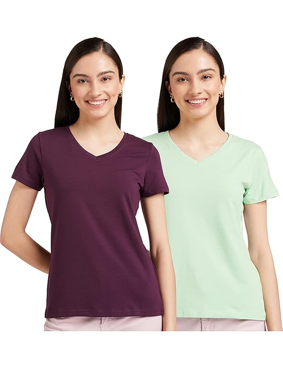 Latest Deal On Amazon Brand - Symbol Women's Cotton Stretch Regular Fit V Neck Half Sleeve T-Shirt - Dealsified