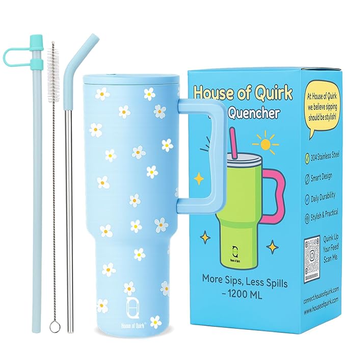 Latest Deal On House of Quirk 1200ML Stainless Steel Tumbler with Handle & Lid, 2 Straws - Dealsified