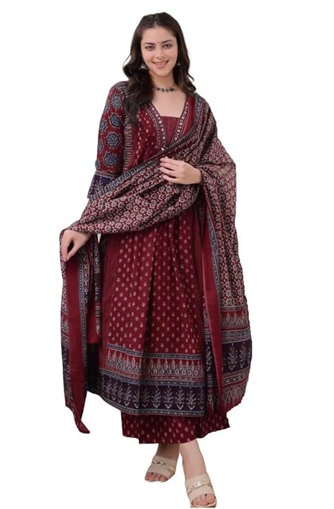 Latest Deal On KLOSIA Women's Rayon Printed Anarkali Kurta and Pant with Dupatta Set - Dealsified