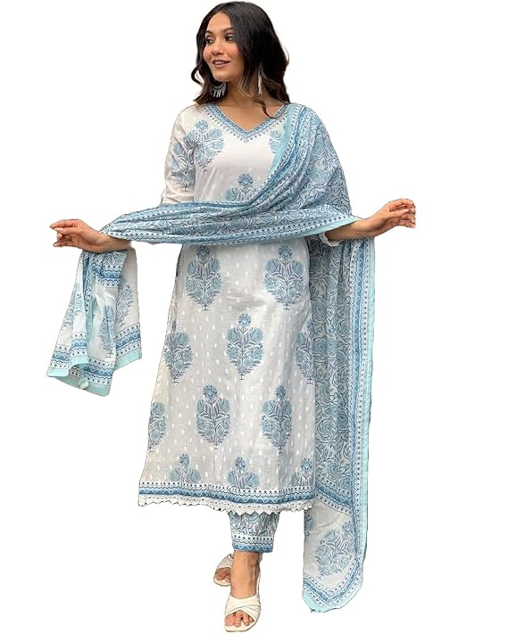 Latest Deal On Nermosa Women Cotton Block Printed Kurta Pant With Dupatta - Dealsified
