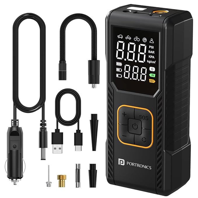 Latest Deal On Portronics Vayu 9.0 Portable & Rechargeable Tyre Inflator with 2-in-1 Cordless & Corded Modes - Dealsified