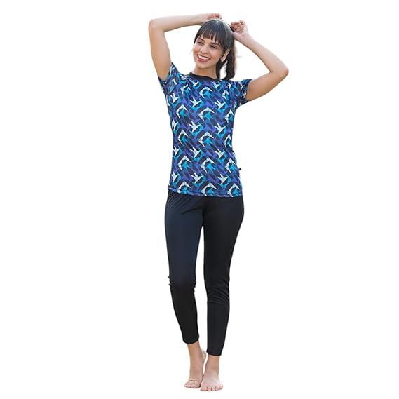 Latest Deal On ROVARS RRovars Poly Jersey Two Piece Women Swimwear Printed Swim Top with Plain Legging - Dealsified