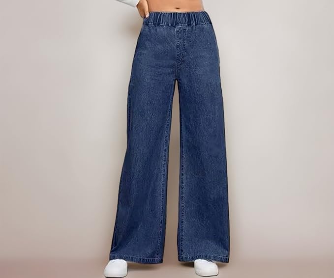 Latest Deal On ADBUCKS Women's Stretch Denim Wide Leg Jeans Comfort Fit with Elastic Waistband, Straight Cut - Dealsified