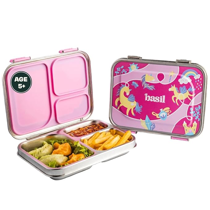 Basil Bento Box - 900 ml 3 Compartment Stainless Steel Lunch Box for Kids Latest Deal On Basil Bento Box - 900 ml 3 Compartment Stainless Steel Lunch Box for Kids - Dealsified
