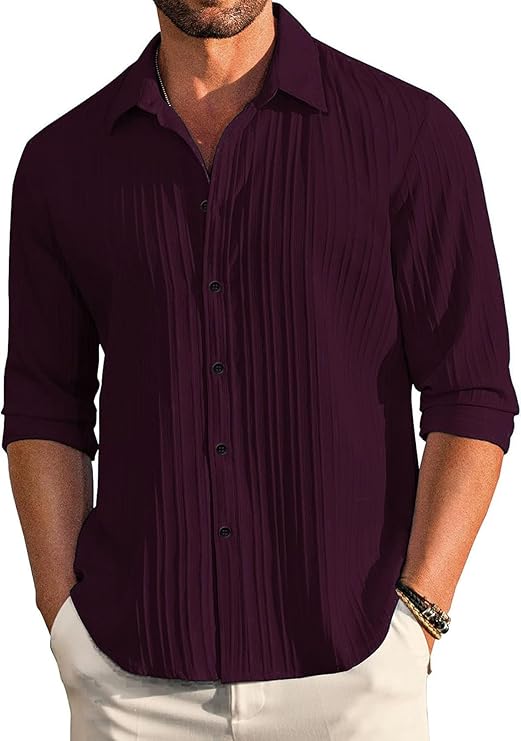Latest Deal On DEELMO Men's Casual Button Down Shirts Long Sleeve Linen Shirt Fashion Textured Beach Summer Shirt - Dealsified