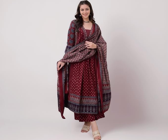 Latest Deal On KLOSIA Women's Rayon Printed Anarkali Kurta and Pant with Dupatta Set - Dealsified