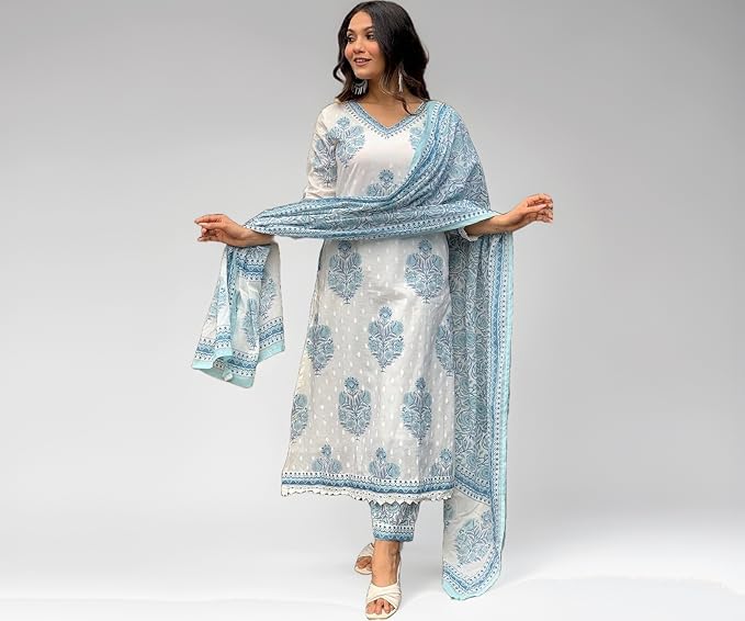 Latest Deal On Nermosa Women Cotton Block Printed Kurta Pant With Dupatta - Dealsified
