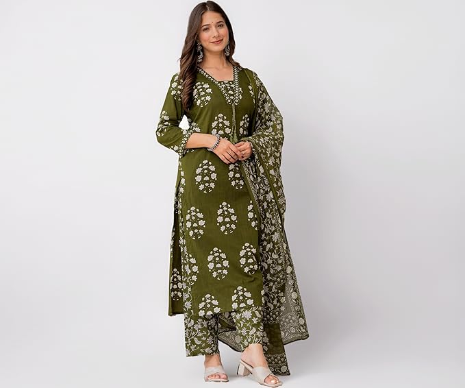 Latest Deal On PARTHVI Women's Pure Cotton Printed Straight Kurta Set with Palazzo Pants & Dupatta - Dealsified