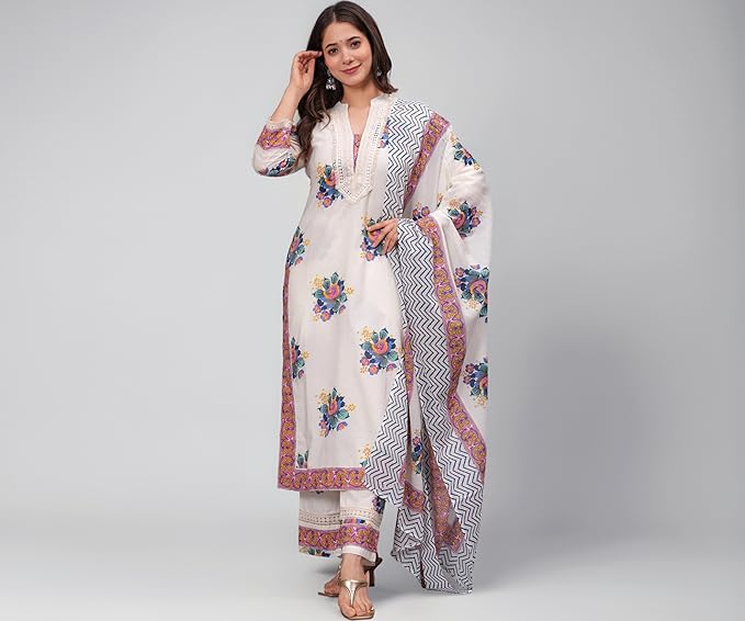 Latest Deal On Amayra Women's Pure Cotton Printed Straight Kurta Set with Palazzo Pants & Dupatta - Dealsified