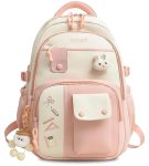 Cute School Backpack for Girls – Stylish Pink & White Large Capacity Bookbag with Plush Keychain