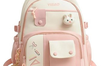 Cute School Backpack for Girls – Stylish Pink & White Large Capacity Bookbag with Plush Keychain