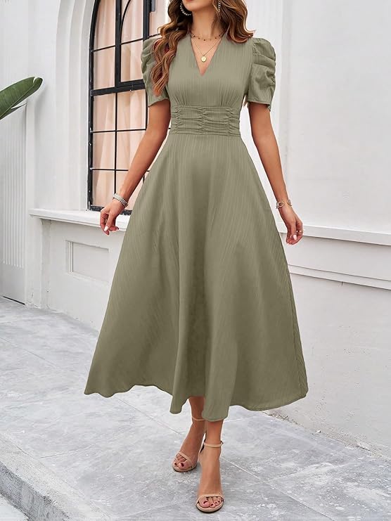 Latest Deal On Shasmi Girl's & Women's Solid Color V-Neck A-Line Maxi Dress for Women - Dealsified