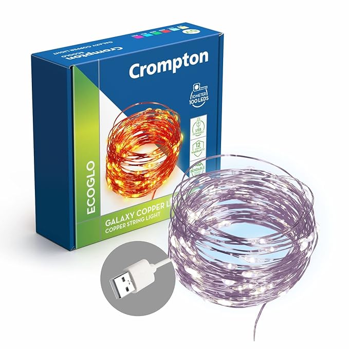 Crompton Galaxy Decoration Copper USB Powered String Fairy Lights with 100 Led Light (10 Meters/32 Feet, Cool Day Light, Pack of 1) Latest Deal On Crompton Galaxy Decoration Copper USB Powered String Fairy Lights with 100 Led Light (10 Meters/32 Feet, Cool Day Light, Pack of 1) - Dealsified
