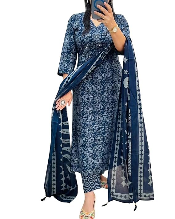 Latest Deal On Rangnavi Women's Pure Cotton Printed Straight Kurta with Pants and Dupatta Set - Dealsified
