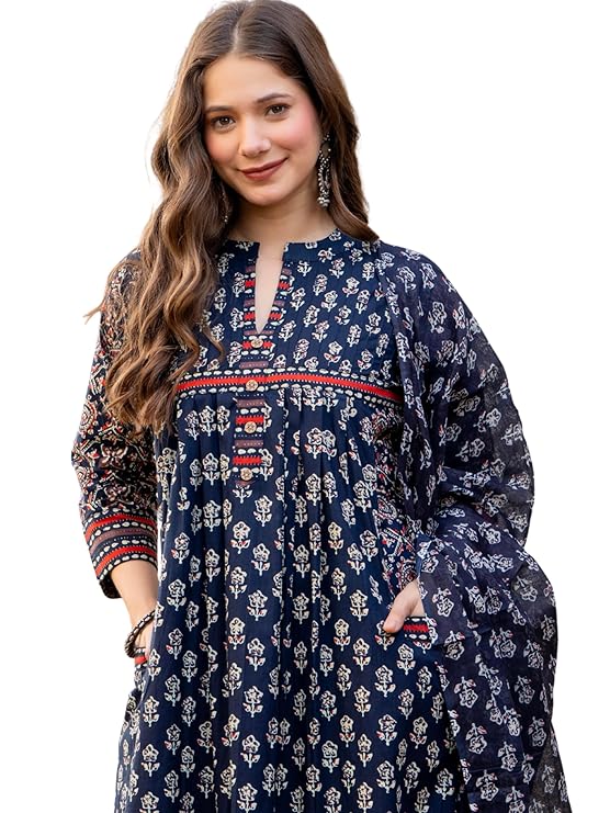 Latest Deal On Amayra Women's Pure Cotton Printed A-Line Kurta Set with Palazzo Pants & Dupatta - Dealsified