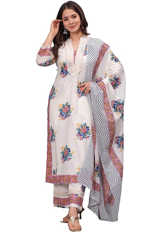 Latest Deal On Amayra Women's Pure Cotton Printed Straight Kurta Set with Palazzo Pants & Dupatta - Dealsified