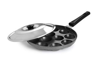 CELLO Aluminium Nonstick 12 Cavity Appam Patra Pan Maker with Steel Lid, Black