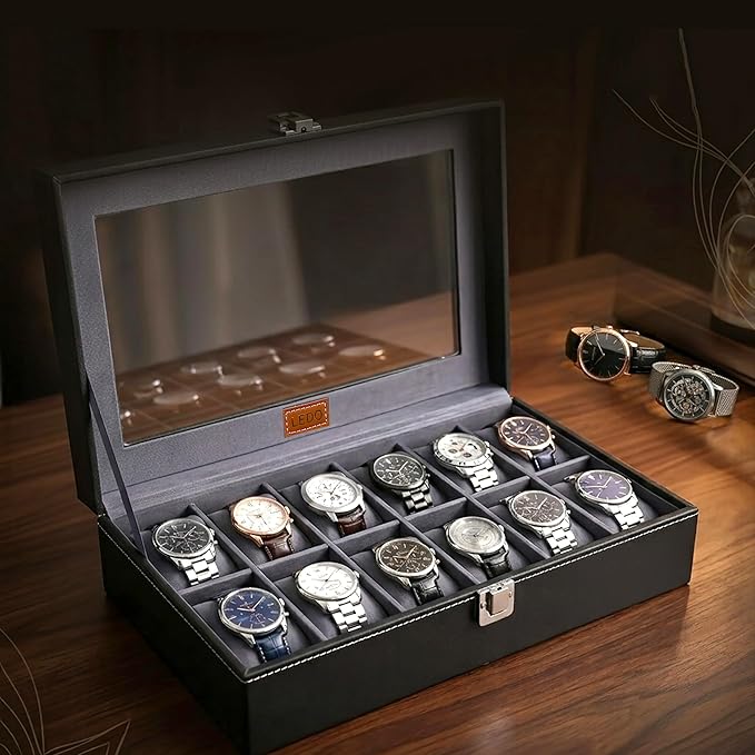 Latest Deal On LEDO Men's and Women's Watch Box Holder Organizer Case In 12 Slots of watches In PU Leather with Black & Gray - Dealsified