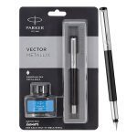 Parker Vector Mettalix Chrome Trim Fountain Pen with Quink Ink Bottle – Blue