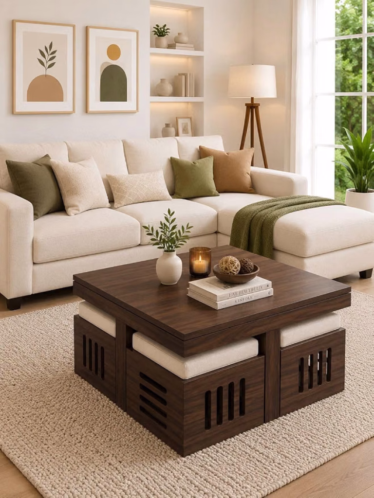 Latest Deal On AASALIYA Art Solid Sheesham Wood Coffee Table with 4 Stool - Dealsified