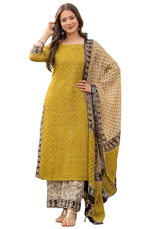 Latest Deal On Amayra Women's Pure Cotton Straight Kurta Set with Palazzo Pants & Dupatta - Dealsified