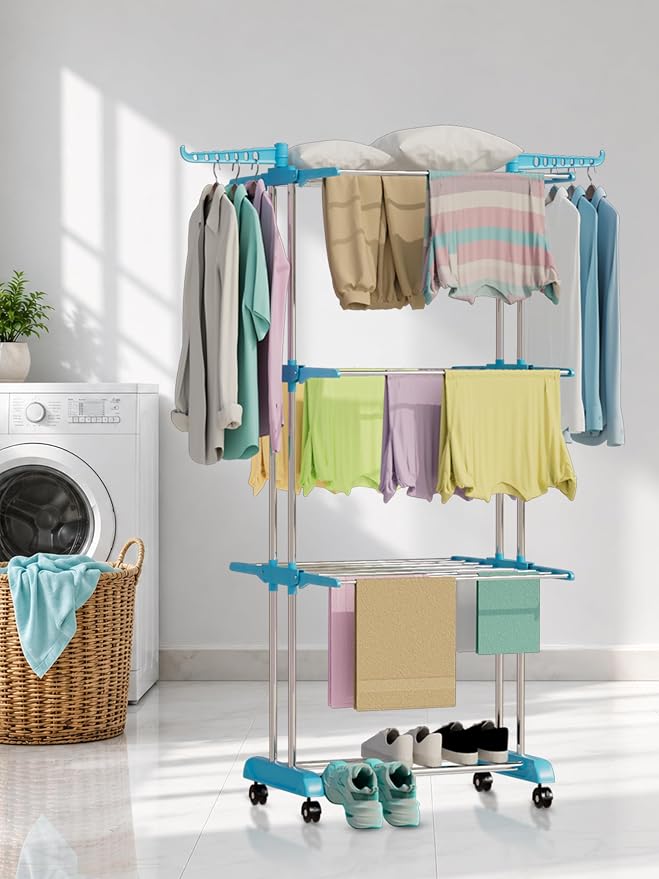Latest Deal On LIVINGBASICS 3 Layer Clothes Drying Stand/Cloth Dryer Stand, Cyan Blue - Dealsified