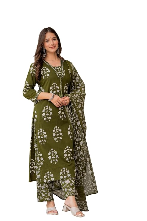 PARTHVI Women's Pure Cotton Printed Straight Kurta Set with Palazzo Pants & Dupatta Latest Deal On PARTHVI Women's Pure Cotton Printed Straight Kurta Set with Palazzo Pants & Dupatta - Dealsified