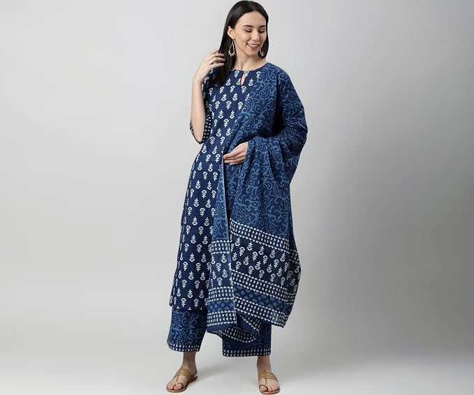 Latest Deal On Amayra Women's Cotton Printed Straight Kurta with Palazzos and Dupatta Set - Dealsified