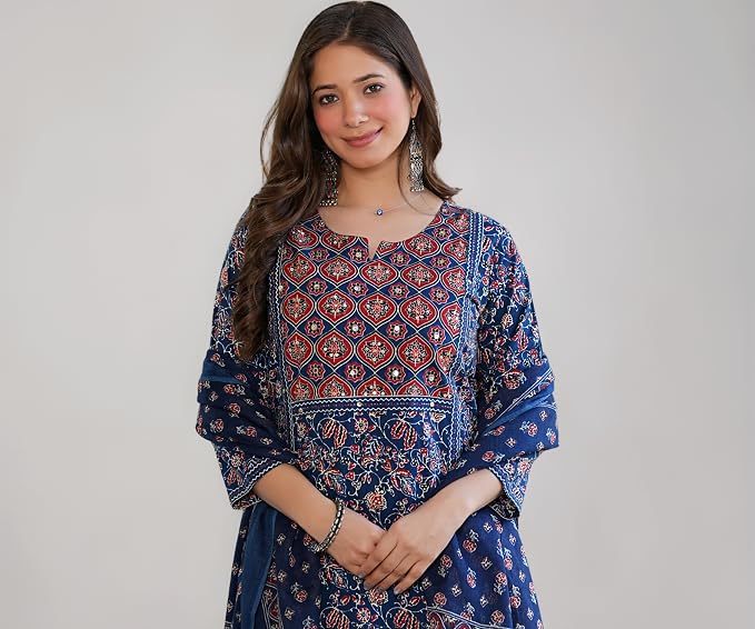 Latest Deal On Amayra Women's Pure Cotton Printed Straight Kurta Set with Palazzo Pants & Dupatta - Dealsified