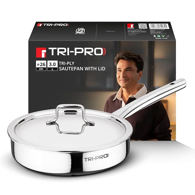 Latest Deal On BERGNER TriPro Tri-Ply Stainless Steel 26cm (3L) Sautepan/Deep Frypan with Stainless Steel Lid - Dealsified