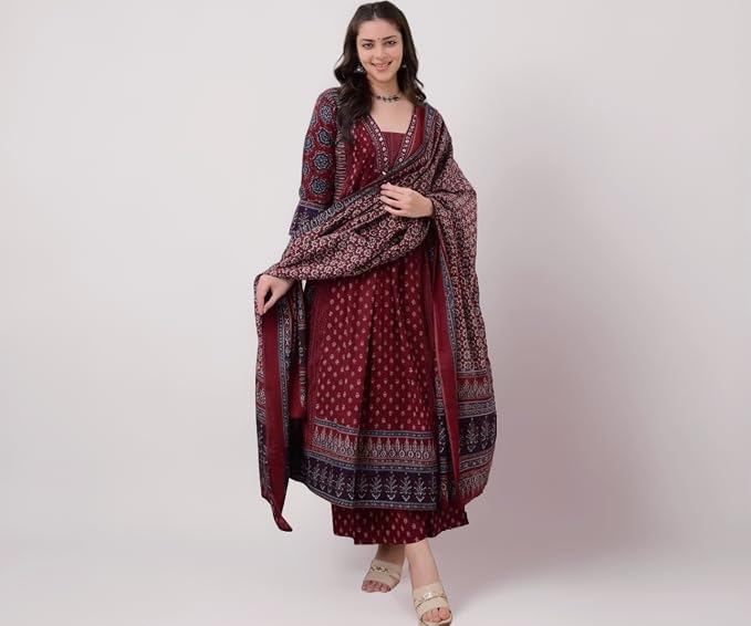 Latest Deal On KLOSIA Women's Rayon Printed Anarkali Kurta and Pant with Dupatta Set - Dealsified