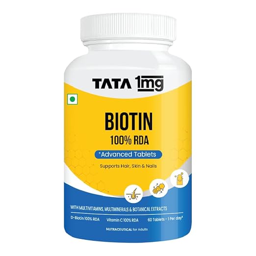 Latest Deal On Tata 1mg Biotin + Advanced Tablet,Supports Strong Hair, Skin And Nails (Pack Of 1, 60 Tablets) - Dealsified